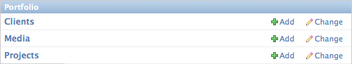Screenshot of the Django admin interface showing links to add new Projects, Clients or Media.