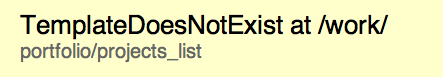 Screenshot of a Django error page saying the template portfolio/project_list does not exist.
